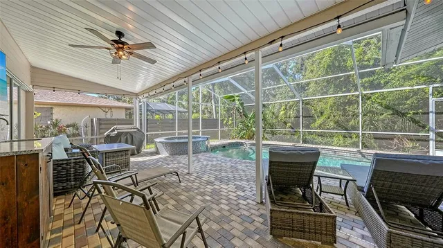 a patio with garden area and patio