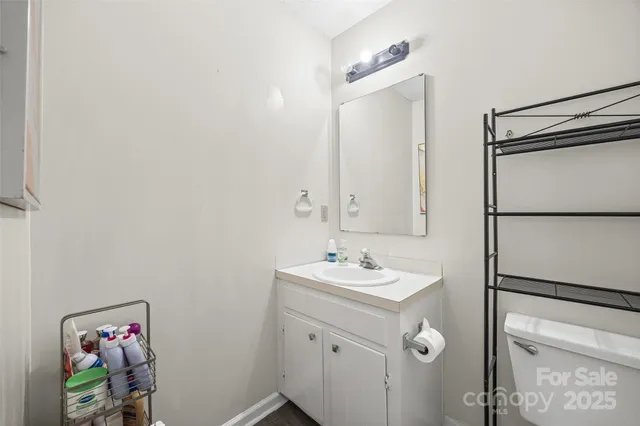 a bathroom with a sink mirror and vanity