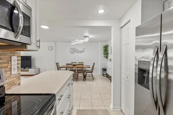 a view of a dining room with furniture