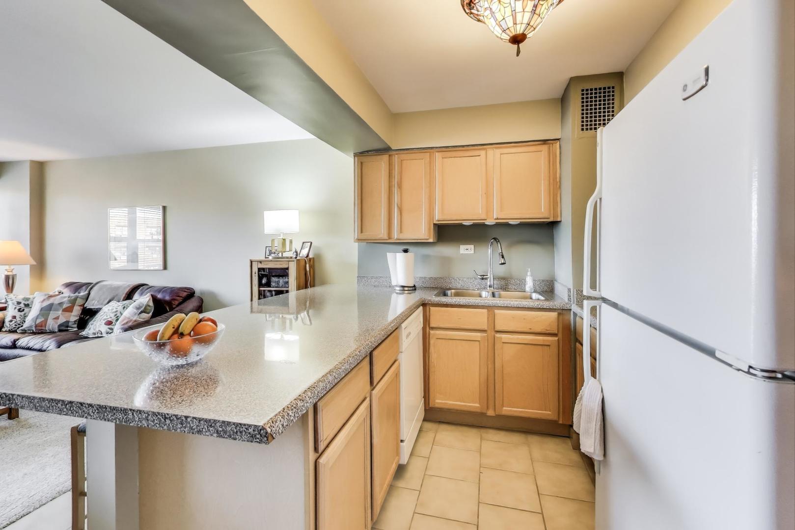 6030 North Sheridan Road, Unit 411 Chicago, IL 60660 - Photo 11 of 20 a kitchen with stainless steel appliances granite countertop a sink refrigerator and cabinets