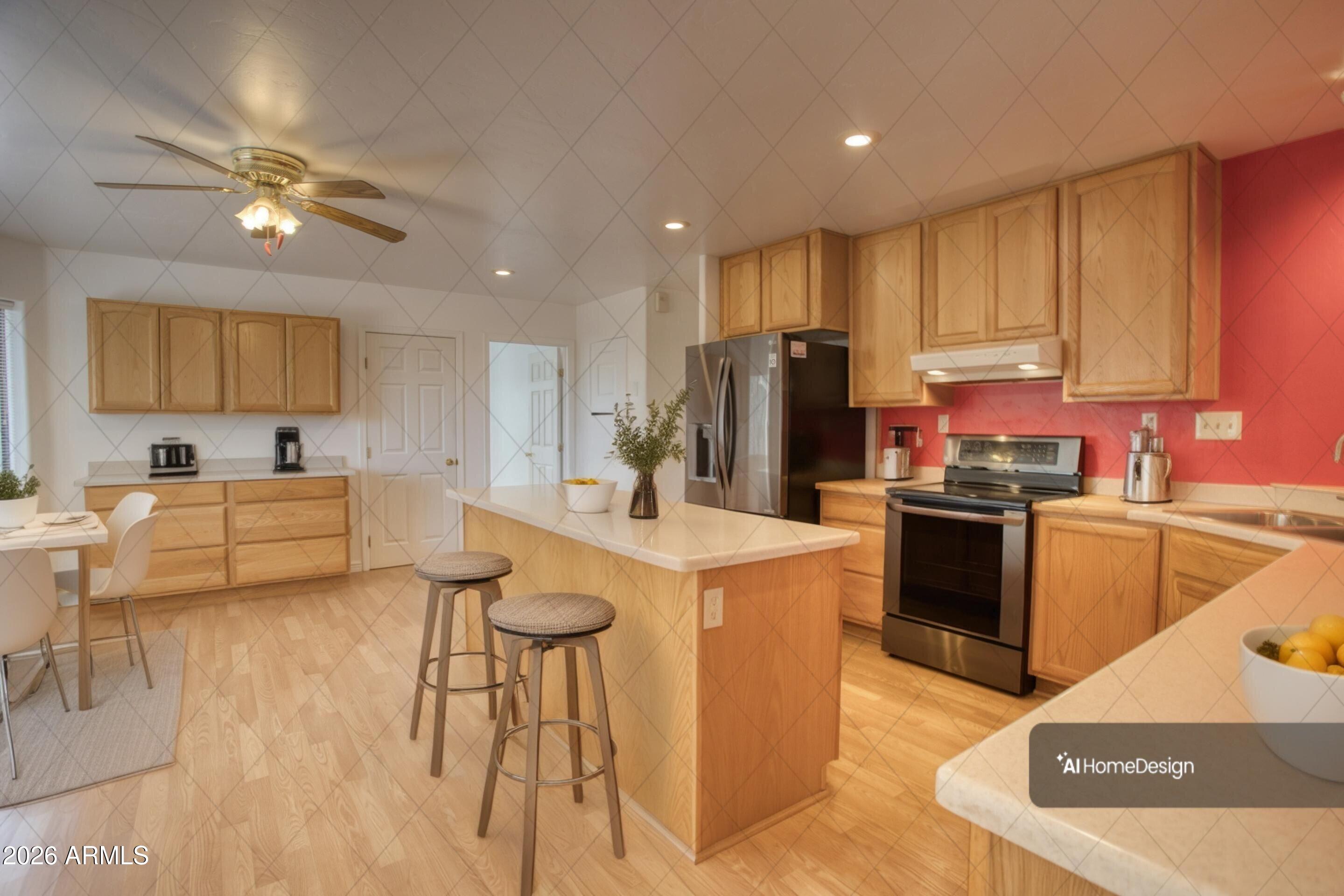 949 Geronimo Lane Show Low, AZ 85901 - Photo 13 of 43 a kitchen with stainless steel appliances kitchen island granite countertop a refrigerator a stove a sink a dining table and chairs with wooden floor