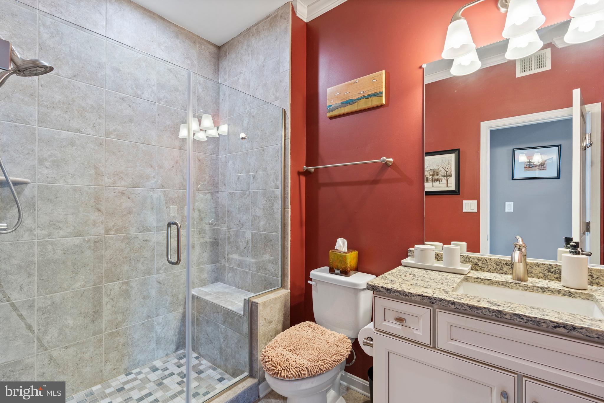 1311 Belt Street Baltimore, MD 21230 - Photo 37 of 65 a bathroom with a granite countertop sink a toilet a mirror and shower