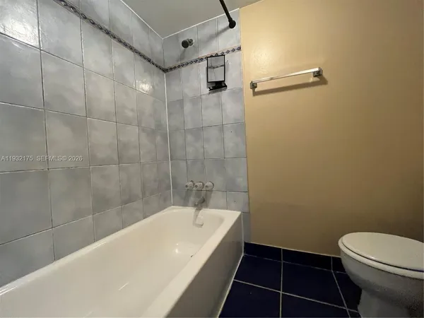 a bathroom with a bathtub and a toilet