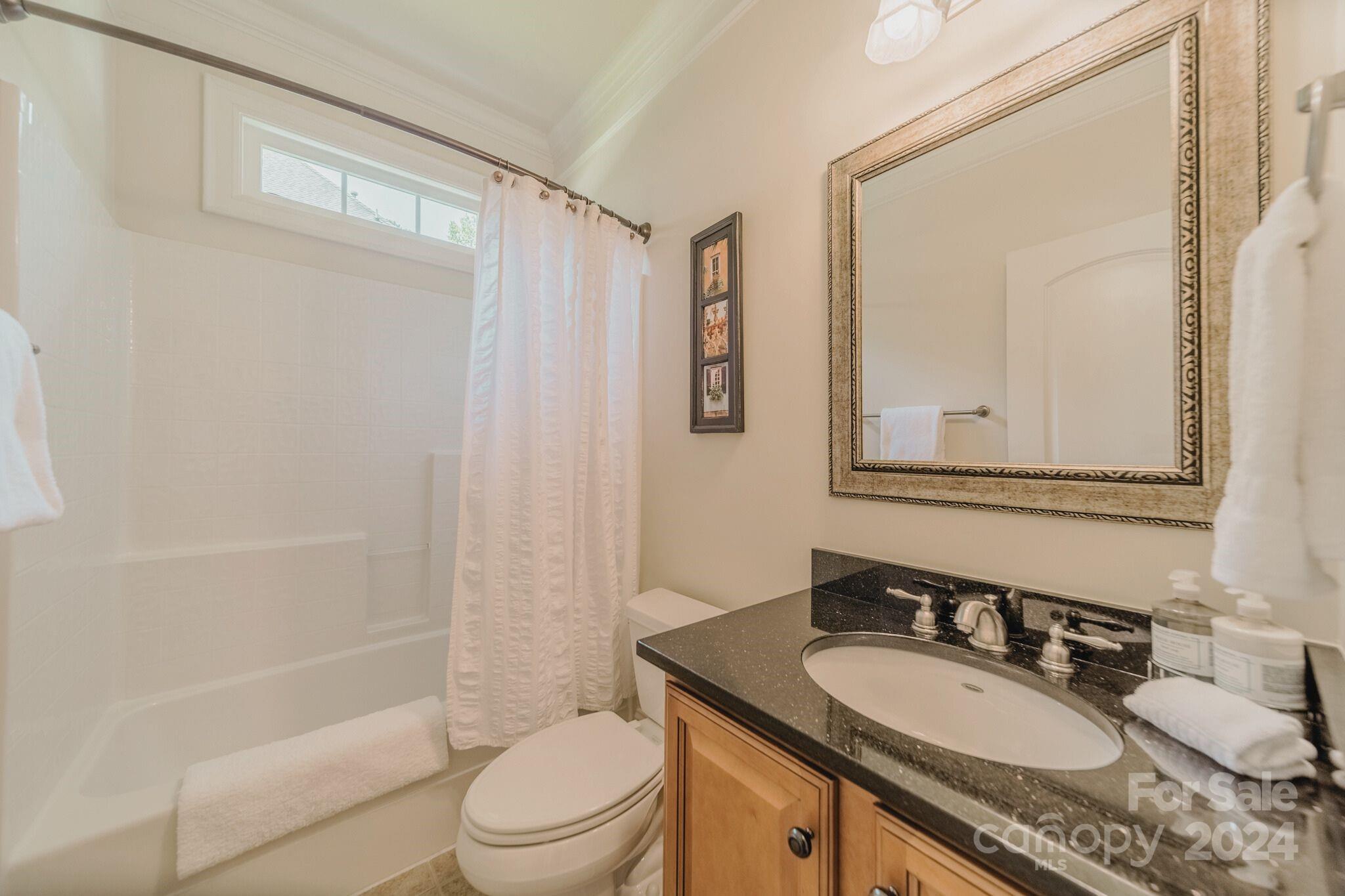 4273 Sailview Drive Denver, NC 28037 - Photo 17 of 39 a bathroom with a granite countertop sink toilet a mirror a bathtub and shower