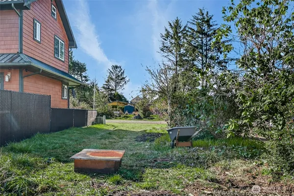 a view of a backyard with plants and a garden