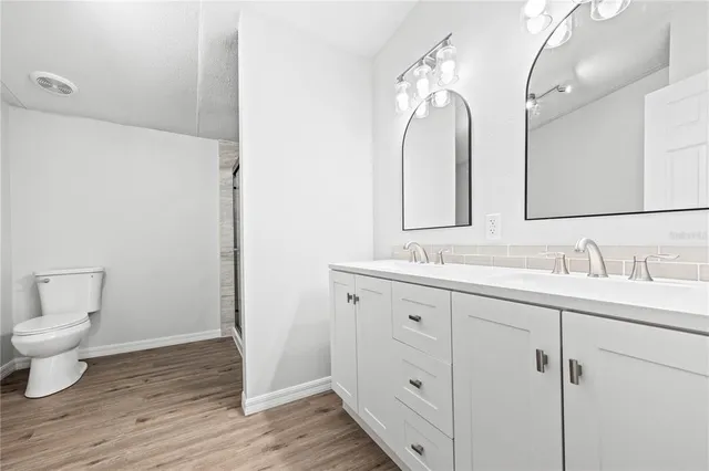 a bathroom with a toilet a sink a mirror and vanity