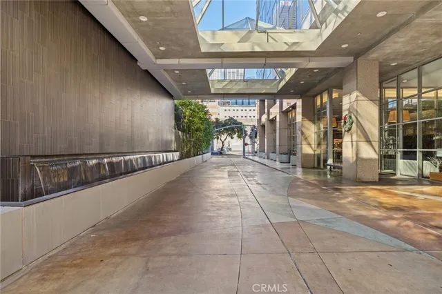 a view of a building with a large window