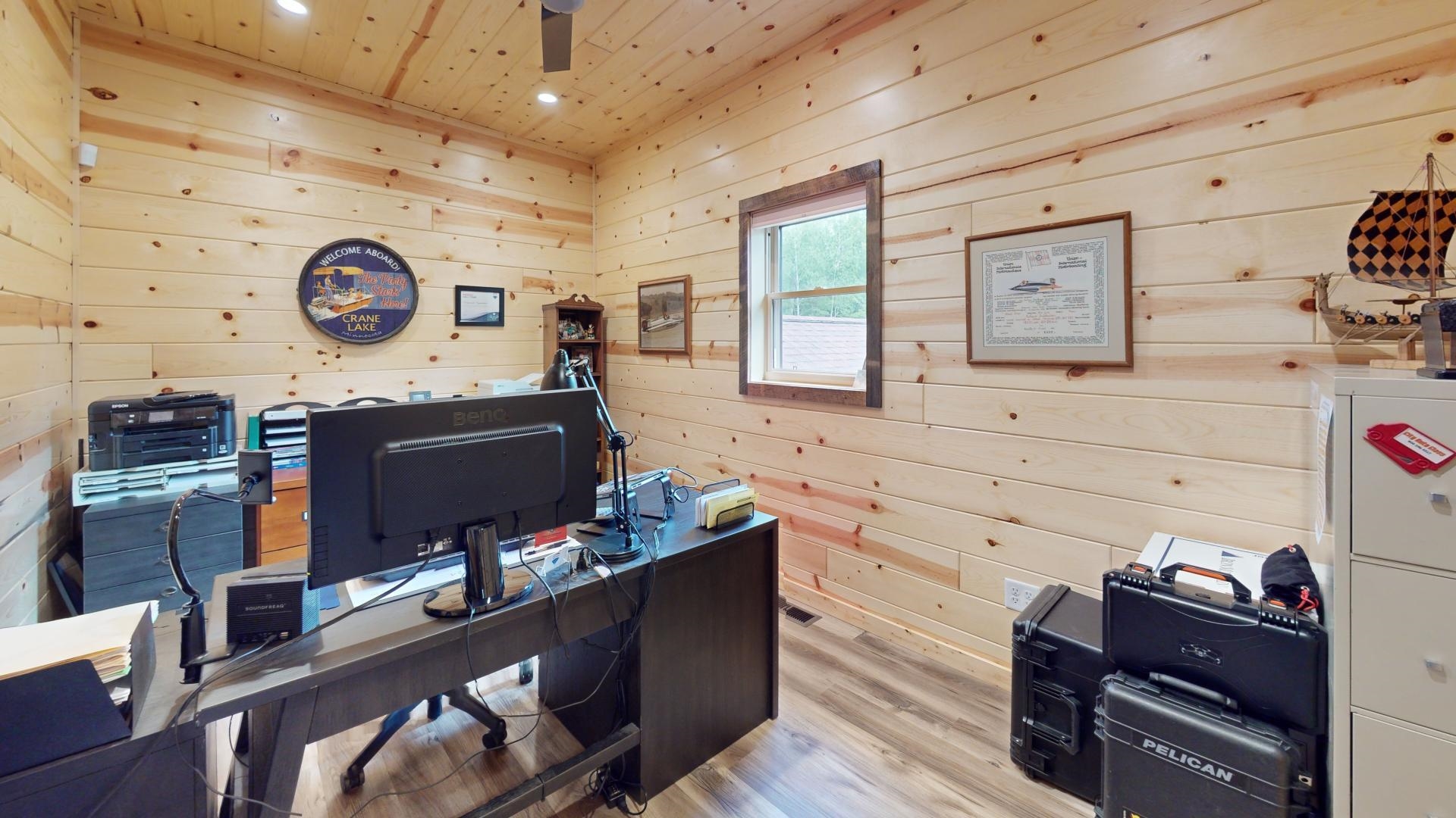 7523 Nelson Road Crane Lake, MN 55725 - Photo 34 of 50 Home office with a ceiling fan, wood ceiling, light wood-style floors, and recessed lighting