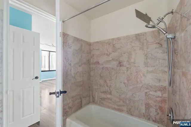 a bathroom with a bathtub