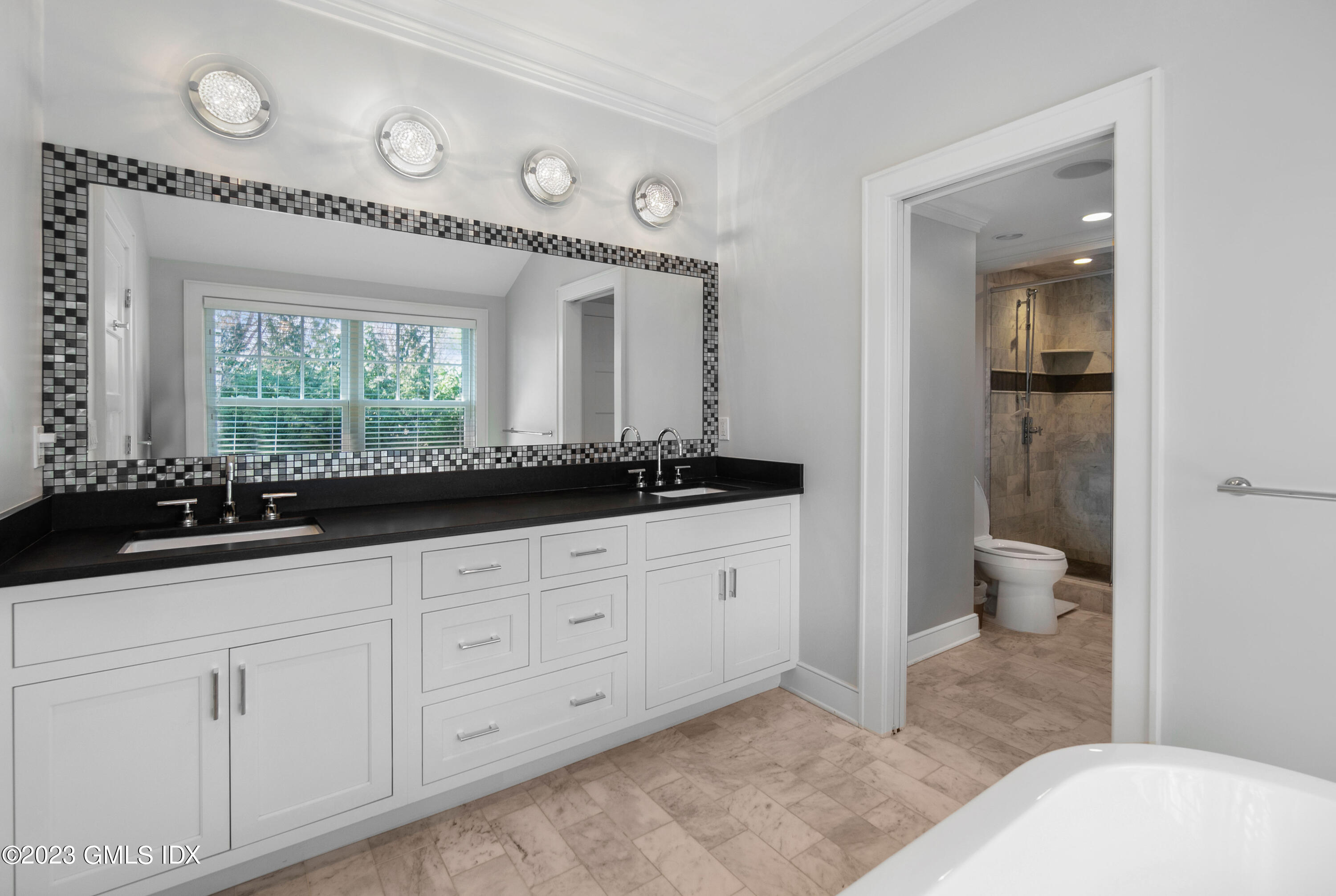 11 Colonial Lane Riverside, CT 06878 - Photo 19 of 37 a bathroom with a granite countertop sink mirror and toilet