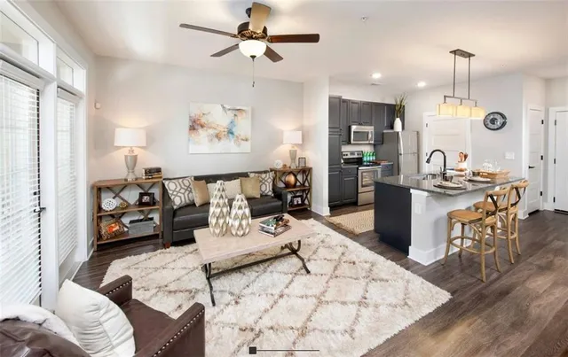 a view of a dining room with furniture