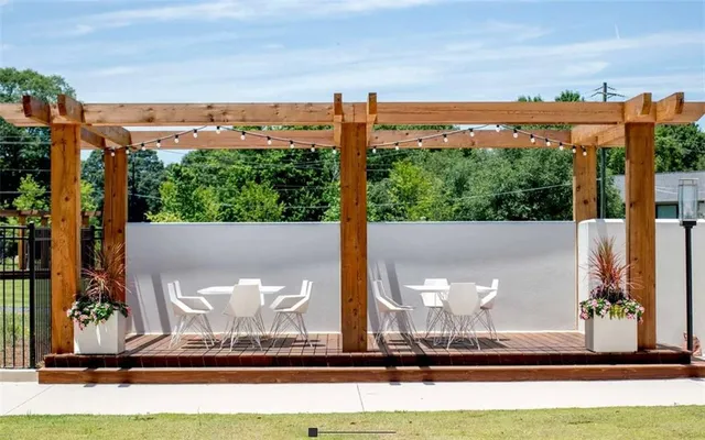 a view of a building from a living room