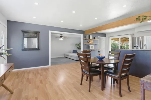 a view of a dining room with furniture