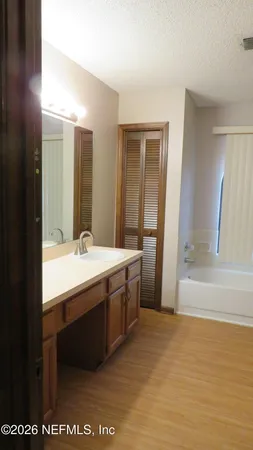 a bathroom with a bathtub