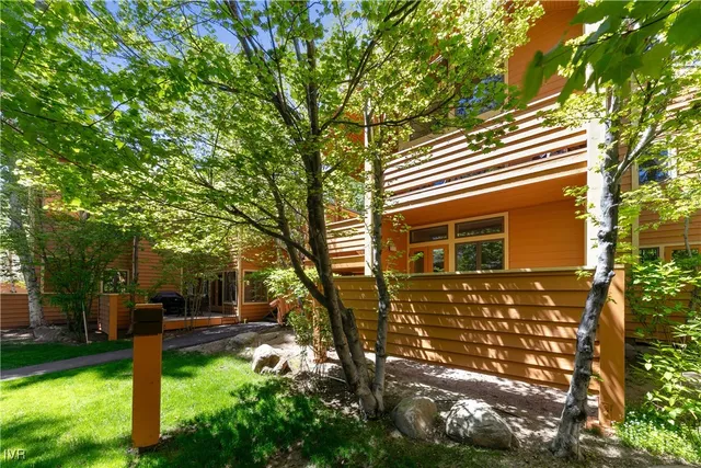 a backyard of a house with table and chairs and a large tree