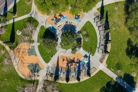 an aerial view of a swimming pool
