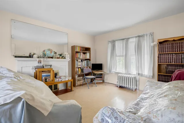 a bedroom with furniture and a book shelf