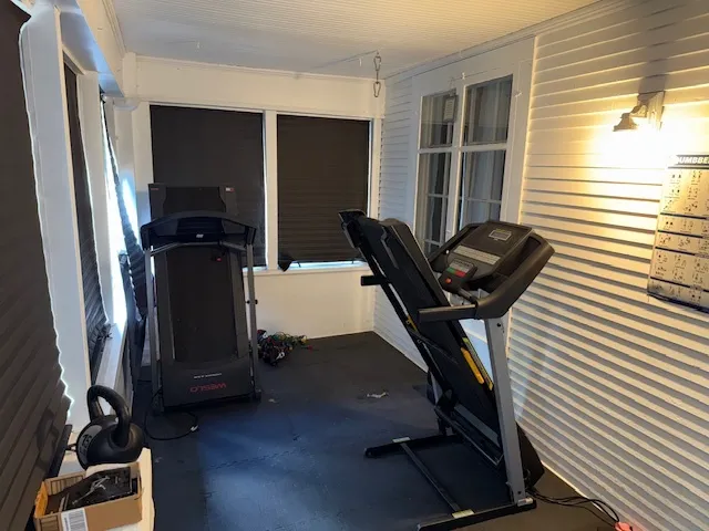 a view of workspace with gym equipment