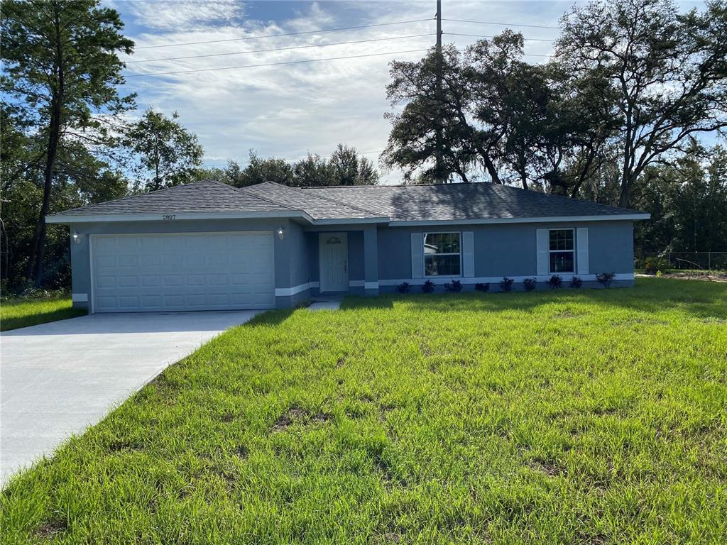 a view of a house with a yard and a large tree