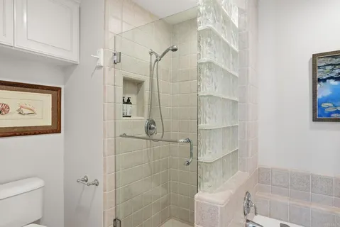 a bathroom with a shower and a toilet