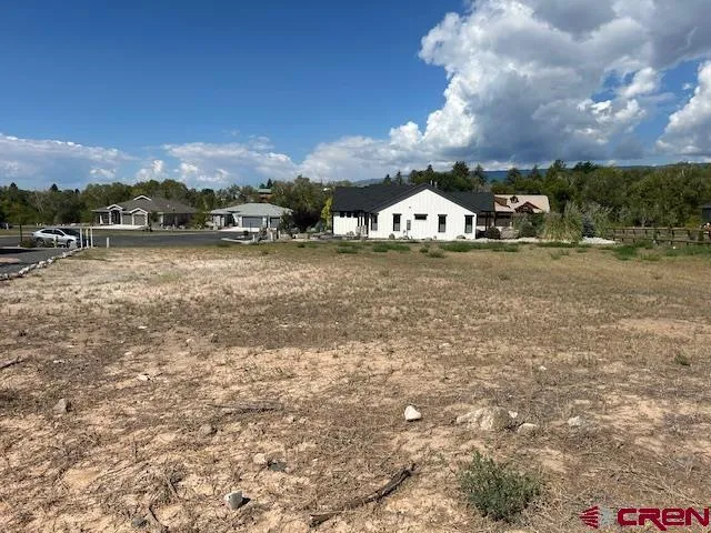 a view of a town with large trees