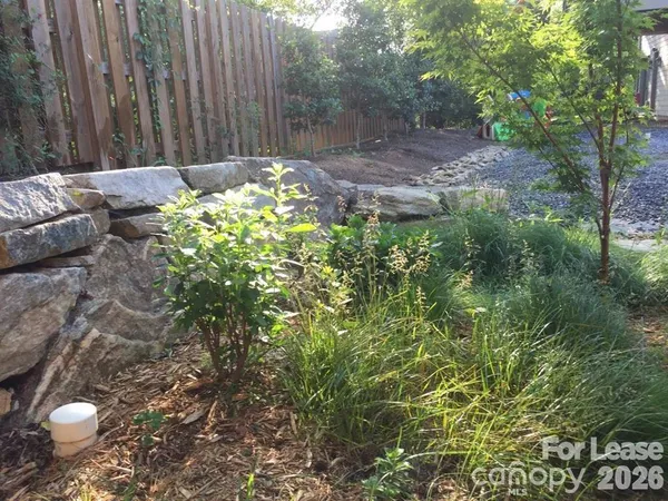 a backyard of a house with table and chairs
