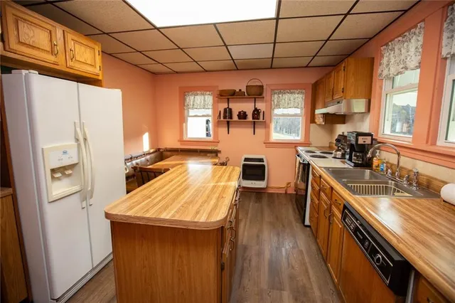 a view of a dining room with furniture