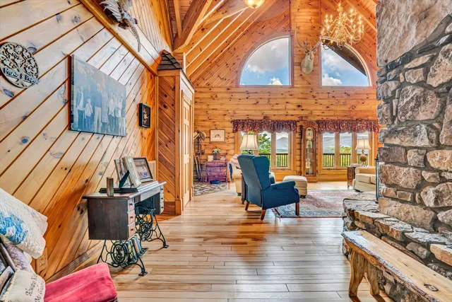 a view of a porch with wooden floor