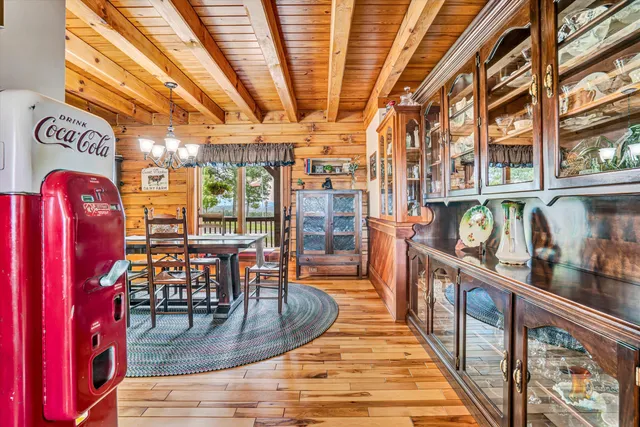a view of a balcony with wooden floor