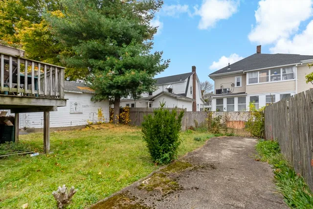 a view of a white house with a large tree and plants