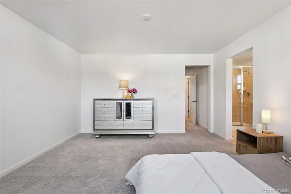 a spacious bedroom with a bed and a couch