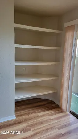 a view of walk in closet with empty racks