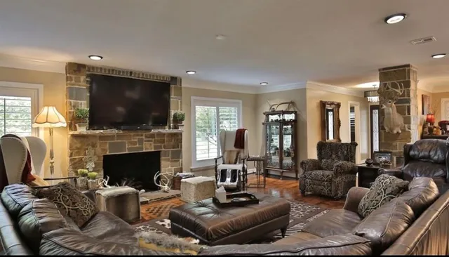 a view of a dining room with furniture window and outside view