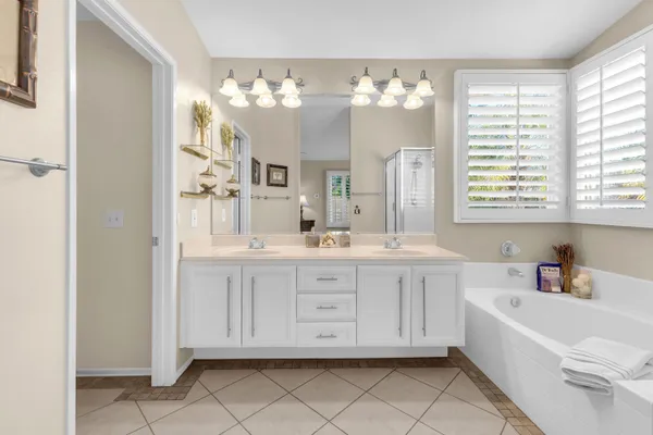 a bathroom with a double vanity sink a mirror a bathtub and