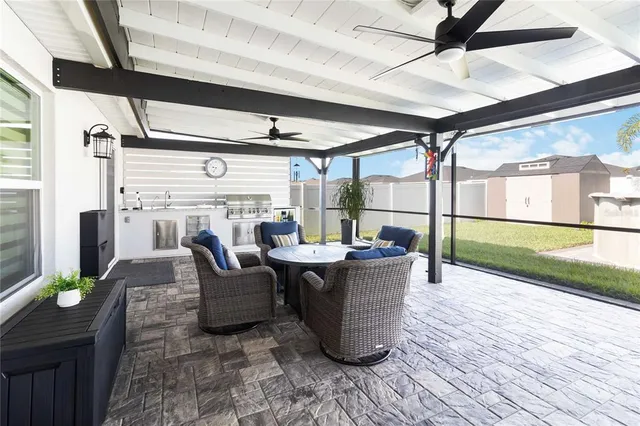 a view of a backyard with potted plants and large tree