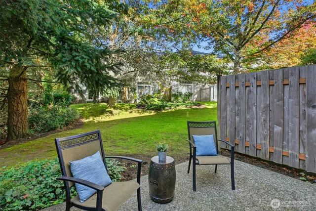 a view of a two chairs in the patio