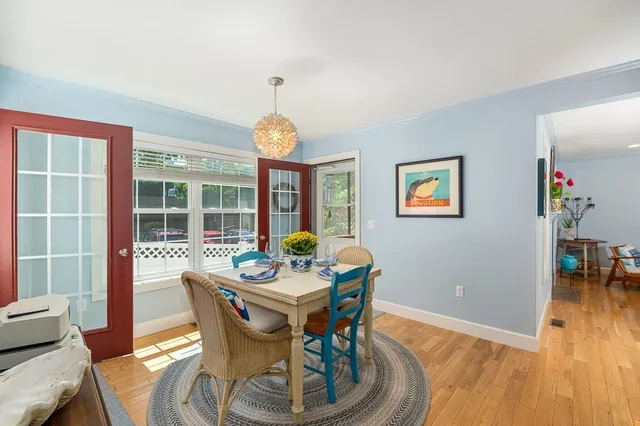 a view of a dining room with furniture window and wooden floor