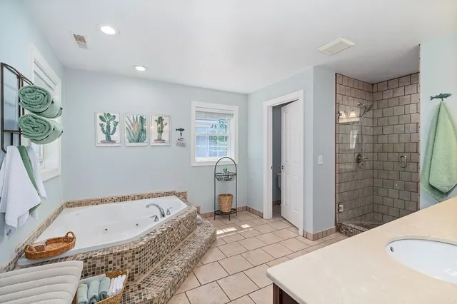 a bathroom with a tub a sink and a shower