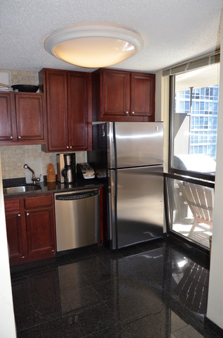 33 West Delaware Place, Unit 13A Chicago, IL 60610 - Photo 7 of 10 a kitchen with a refrigerator a stove and a sink with wooden cabinet