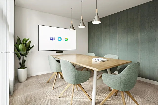 a dining room with furniture and potted plants