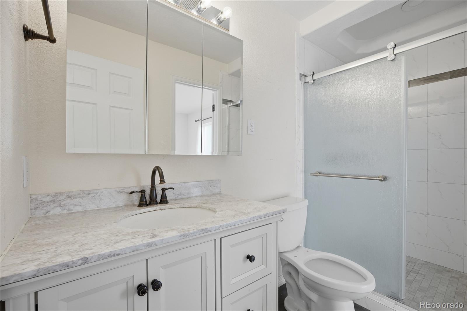 4531 Gibraltar Street Denver, CO 80249 - Photo 13 of 24 a bathroom with a sink a toilet and shower