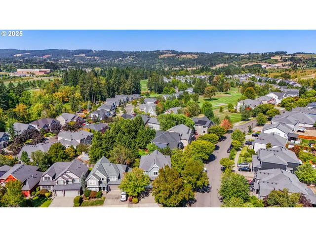 an aerial view of a house with a yard