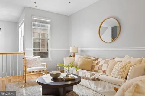 a living room with a couch and a potted plant