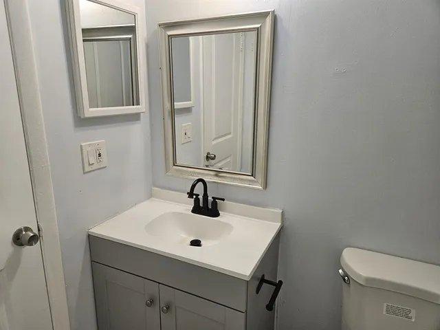 a bathroom with a sink a toilet and a mirror
