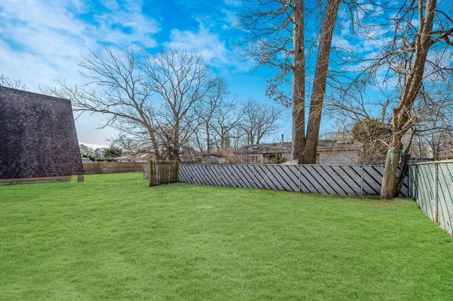 a view of a yard with large trees and wooden fence