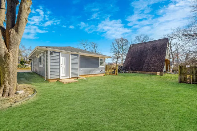 a view of a backyard with potted plants and large tree