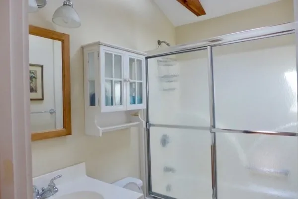 a bathroom with a shower and a sink