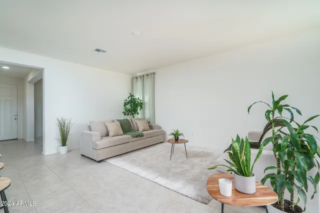 a living room with furniture potted plant and a potted plant
