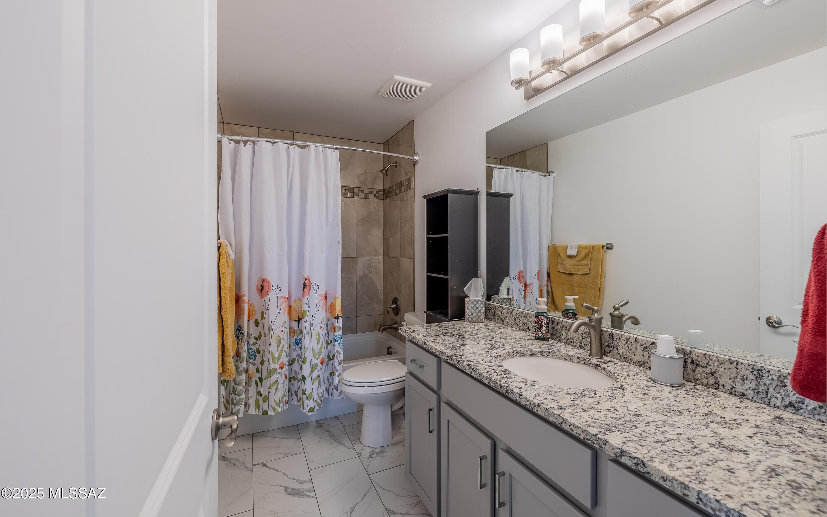 12123 Creosote Valley Road Vail, AZ 85641 - Photo 25 of 46 a bathroom with a granite countertop sink a toilet and a mirror