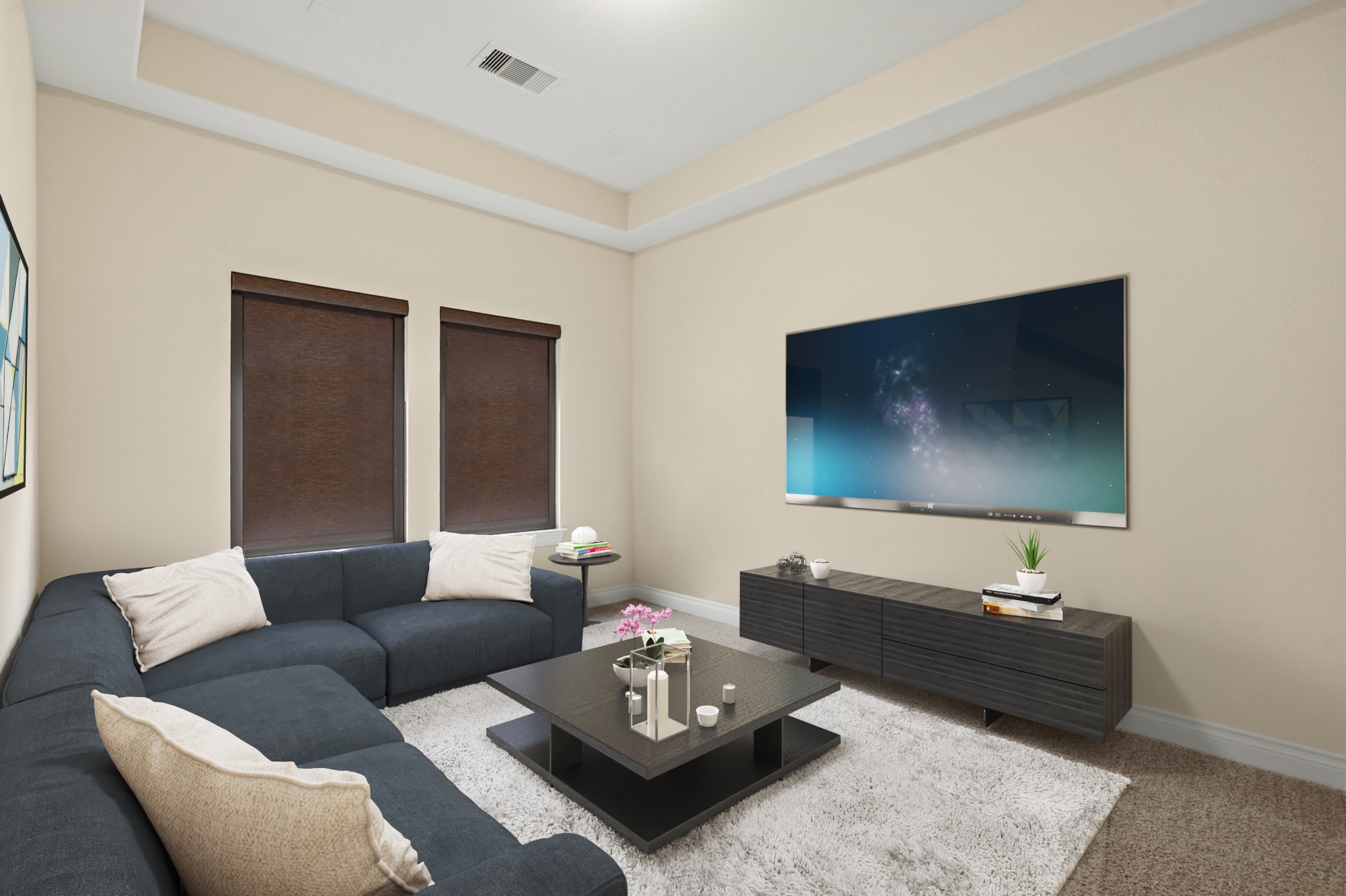 1607 Quail Ridge Drive Katy, TX 77493 - Photo 23 of 33 Grab the popcorn, put on a movie, and enjoy a wonderful evening in your amazing media room! Featuring plush carpet and custom window coverings which makes this the perfect room for relaxing! *This room has been virtually staged